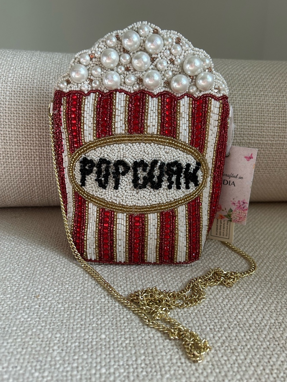 NWT Handmade Beaded Popcorn Crossbody Bag Pearl Red Novelty Movie Theater Purse
